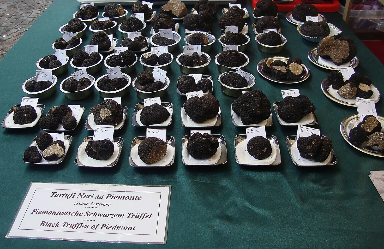 Black truffles laid out on a table at the truffle fair in Alba in 2010