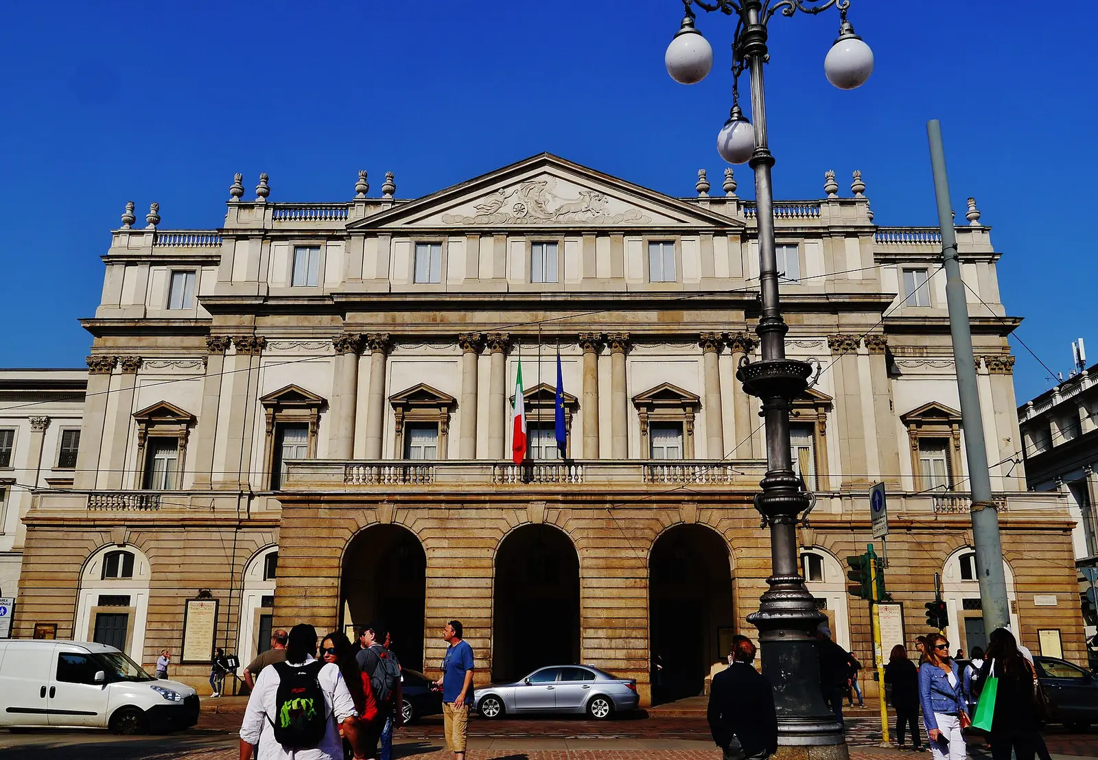 The neoclassical facade of Teatro alla Scala on Piazza della Scala in Milan