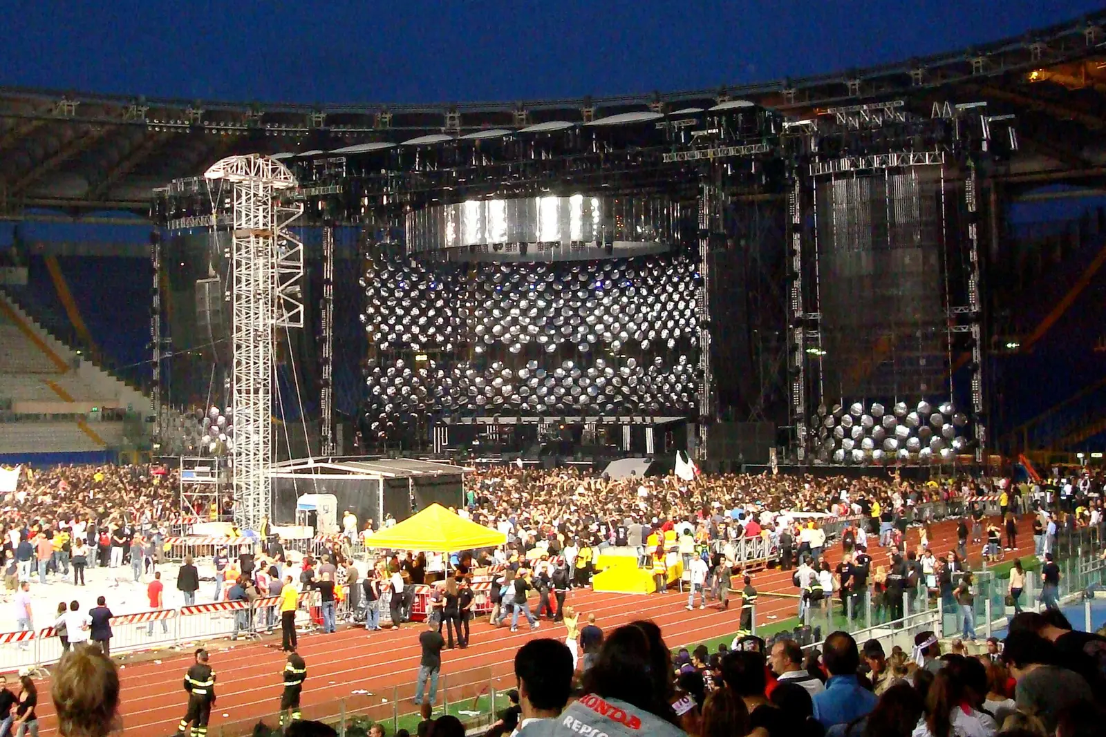 The stage and crowd on the track before a Vasco Rossi concert at the Stadio Olimpico in Rome