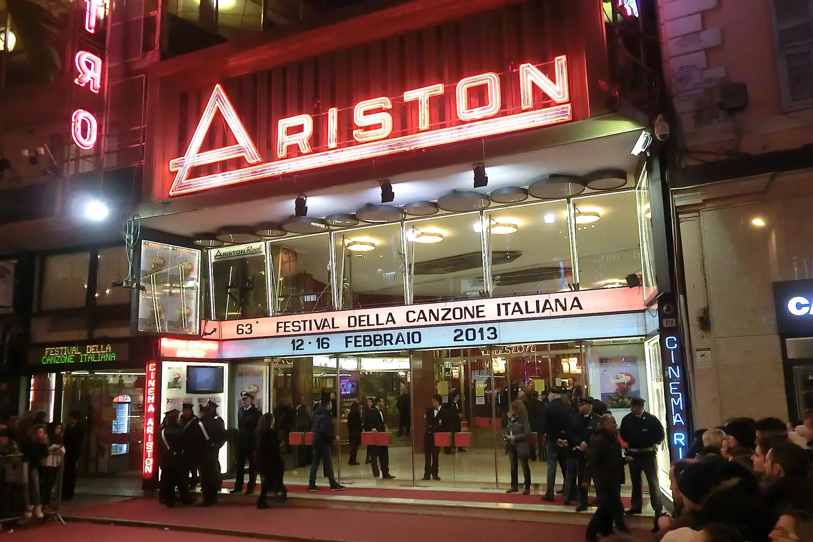 The illuminated Ariston theatre entrance in Sanremo during the final night of the 2013 song festival
